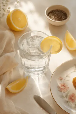 Sparkling Lemon Water in Morning Sunlight