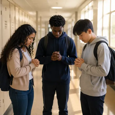 Three Students Praying in School Hallway