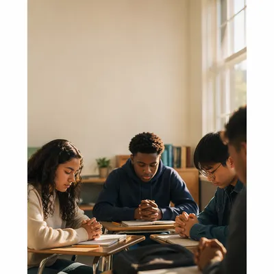 Students Praying Quietly in Sunlit Classroom