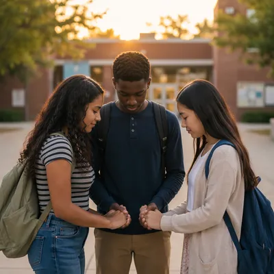 Three Students Praying in School Courtyard