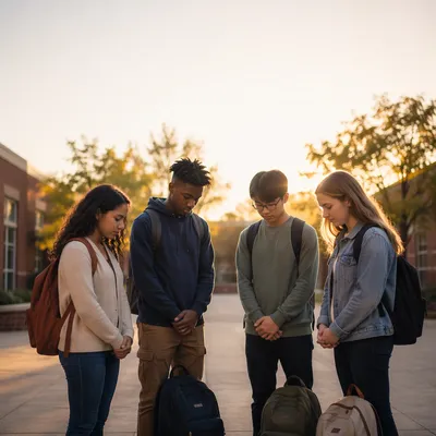 Students Praying in School Courtyard Sunrise