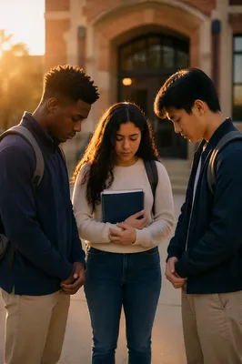 Three Students Praying Outside School Entrance