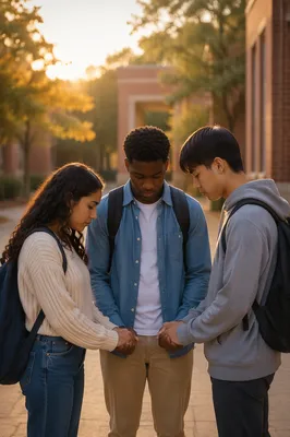 Three Students Praying in School Courtyard