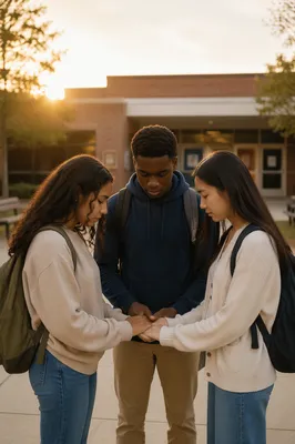 Three Students Praying in School Courtyard