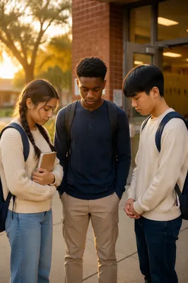 Three Students Praying Outside School Entrance