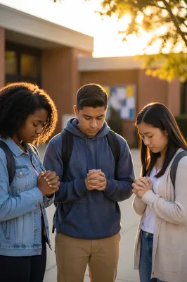 Three Students Praying at School Sunrise