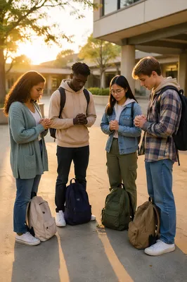 Students Praying in School Courtyard at Sunrise