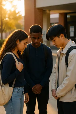Students Praying in School Courtyard Morning