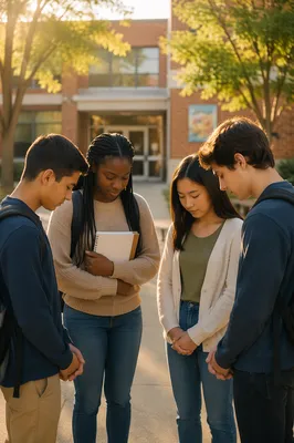 Students Praying in School Courtyard Morning