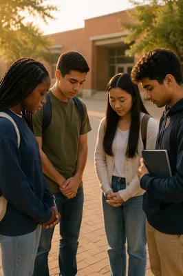 Students Praying in School Courtyard at Sunrise