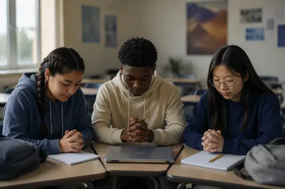 Three Students Praying in Classroom Morning
