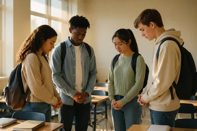 High School Students Praying in Classroom