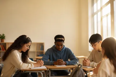 High School Students Praying in Classroom