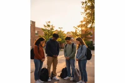Students Praying in School Courtyard at Sunrise