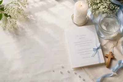 Baptism Invitation Flat Lay with Candle