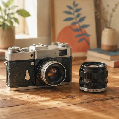 Vintage Camera Lens on Warm Wooden Table
