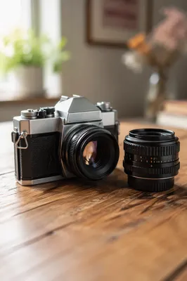 Vintage Camera and Lens on Wooden Table