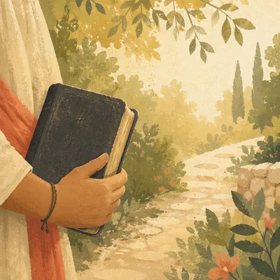 Hand Holding Worn Closed Scripture Book