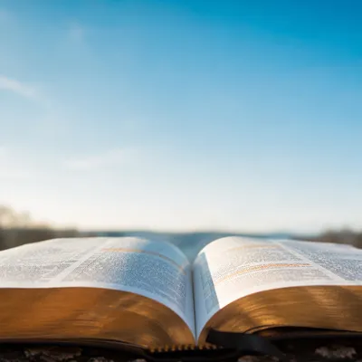 Open Bible Under Blue Sky Space