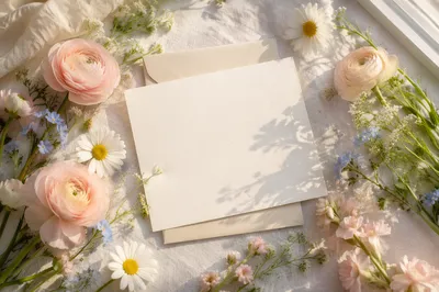 Blank Greeting Card with Envelope and Flowers