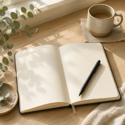 Open Blank Notebook with Pen Flat Lay