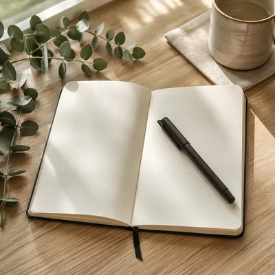 Open Blank Notebook with Pen Flat Lay