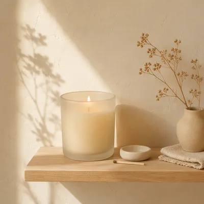 Minimal Candle Jar on Warm Shelf
