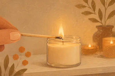 Warm Candle Jar Lighting on Minimal Shelf