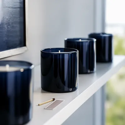 Minimal Navy Candle Jar Shelf Still Life