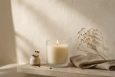 Minimal Candle Jar on Warm Shelf