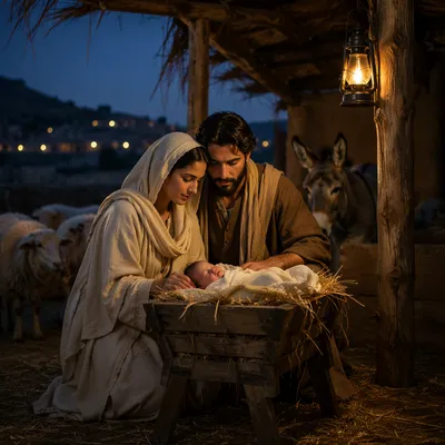 Peaceful Nativity Scene in Rustic Stable