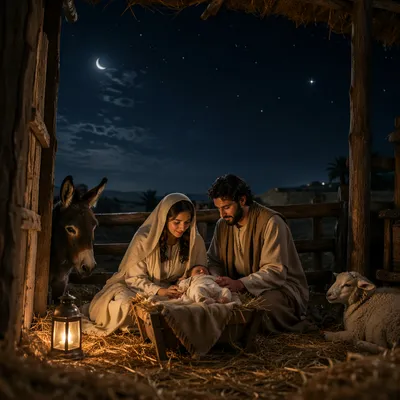 Peaceful Nativity Scene in Rustic Stable