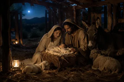 Peaceful Nativity Scene in Wooden Manger