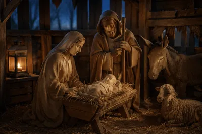 Peaceful Nativity Scene in Rustic Stable