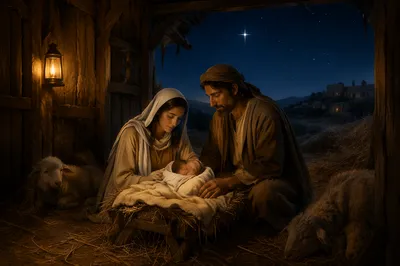 Peaceful Nativity Scene in Rustic Stable