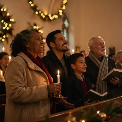 Warm Christmas Gathering in Candlelit Chapel
