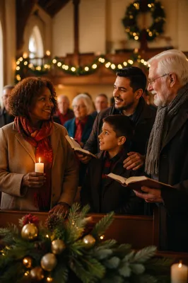 Warm Christmas Gathering in Candlelit Chapel