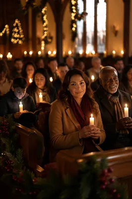 Candlelit Christmas Gathering in Church Sanctuary