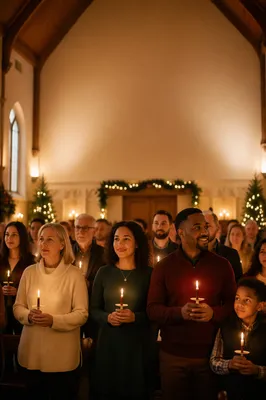 Candlelit Church Gathering at Christmas Dusk