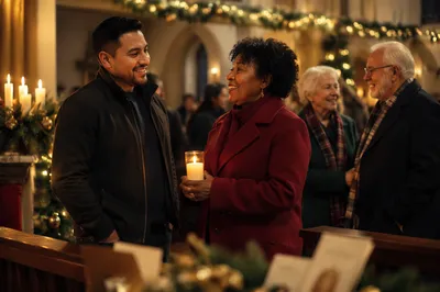 Warm Christmas Gathering in Candlelit Chapel