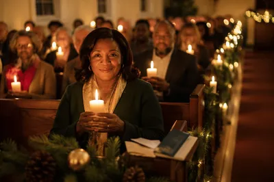 Woman Holding Candle in Christmas Chapel