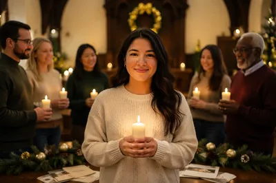 Woman Holding Candle in Festive Hall