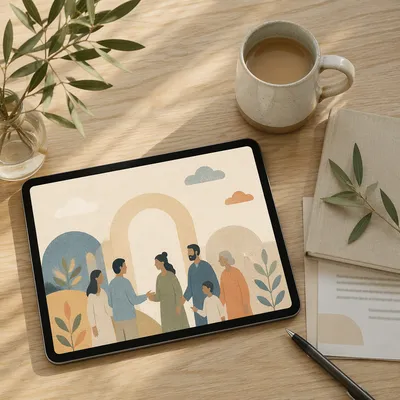 Minimal Church Announcement Tablet Desk Scene