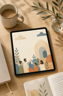 Minimal Church Announcement Tablet Desk Scene