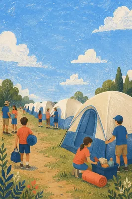Summer Church Camp Registration Tents Scene