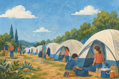 Summer Church Camp Registration Tent Scene