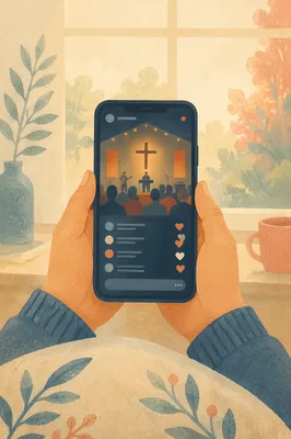 Hands Holding Smartphone with Church Livestream