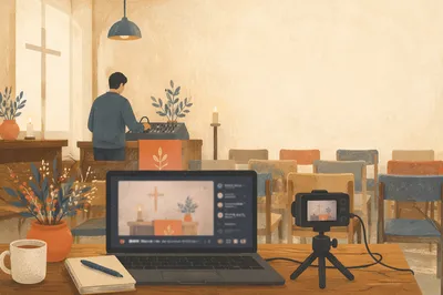 Laptop Camera Setup in Modern Chapel