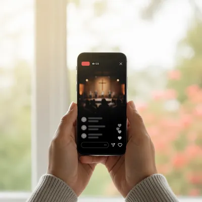 Hands Holding Smartphone with Church Livestream