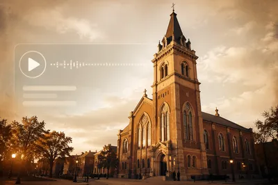 Historic Brick Church With Clock Tower